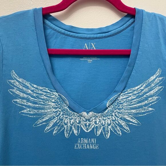 Y2K Armani Exchange Wings V-Neck Detail Women’s Top Blue - Picture 3 of 4